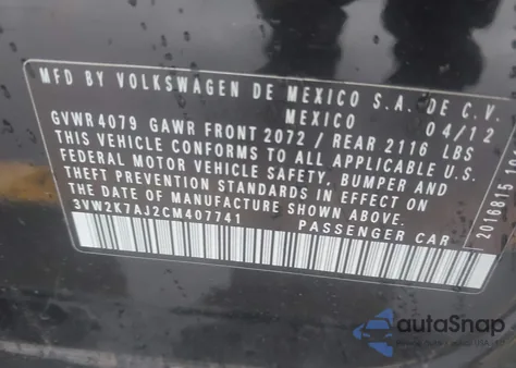 2012 Volkswagen Jetta 2.0L S из США, поврежденный, VIN 3VW2K7AJ2CM407741